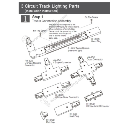 3 circuit track lighting parts, three wire track light components track