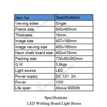 LED Writting Board Light Boxes - Specifications