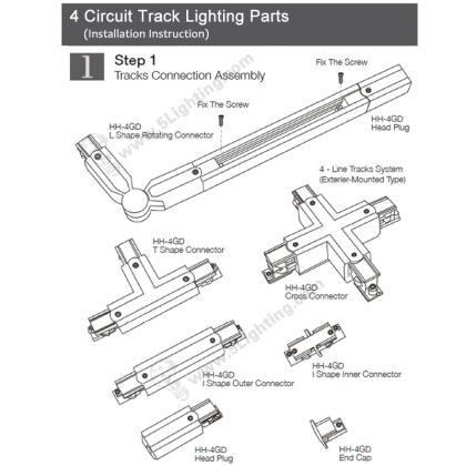 4 circuit track lighting parts, four wire track light components track