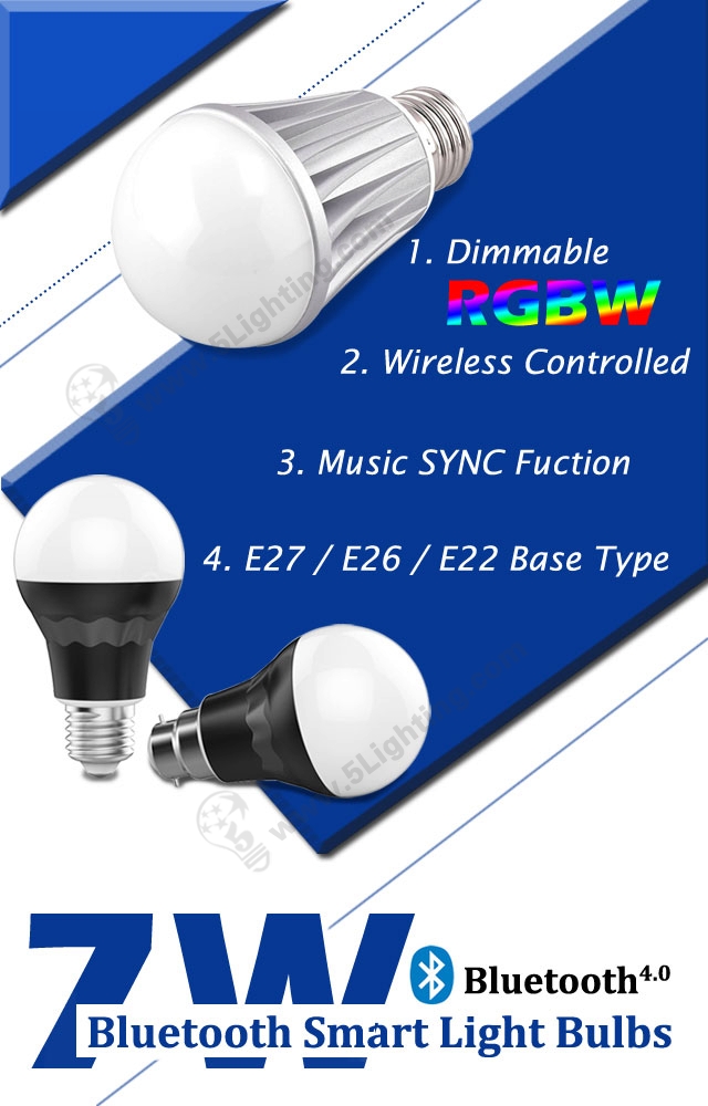 Bluetooth smart light bulbs rgbw 7w, wireless controlled rgbw light bulbs.